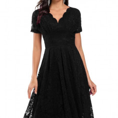 Rochie eleganta din dantela cu decolteu in V, lungime midi, maneca scurta, ideala pentru petreceri, nunta, bal, culoare negru, marimea L