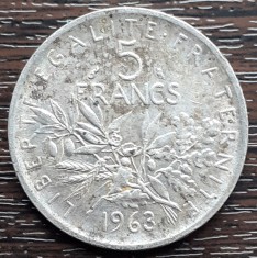 (A639) MONEDA DIN ARGINT FRANTA - 5 FRANCS 1963, SEMANATOAREA foto