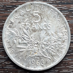 (A639) MONEDA DIN ARGINT FRANTA - 5 FRANCS 1963, SEMANATOAREA