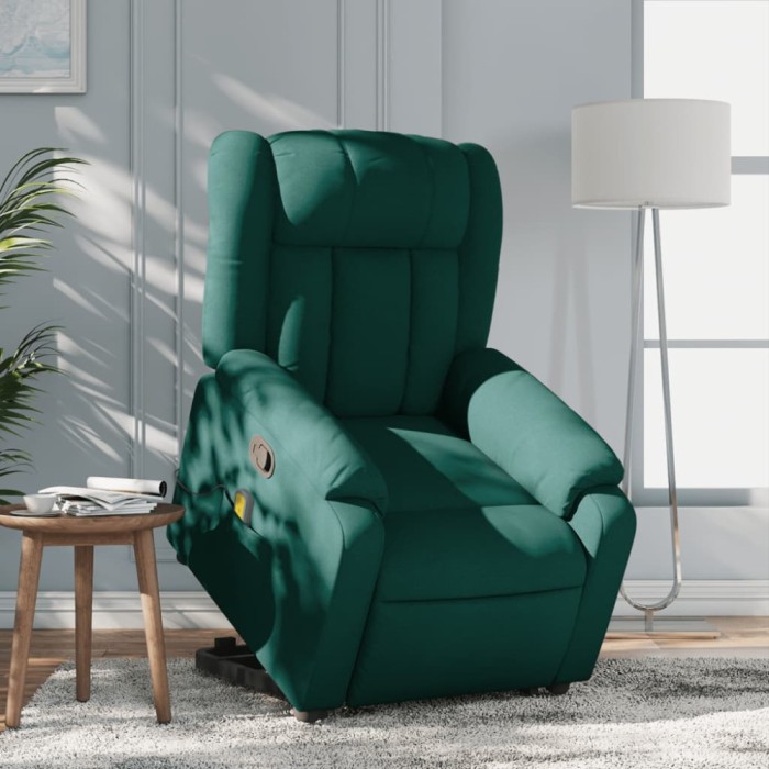 vidaXL Fotoliu rabatabil de masaj, cu ridicare, verde &icirc;nchis, textil 3205334