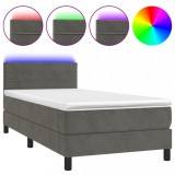 Cumpara ieftin Pat cu arcuri, saltea si LED, gri inchis, 90x190 cm, catifea