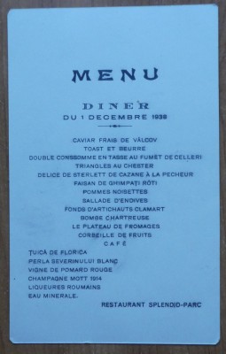 Meniu Restaurant Splendid Parc ; Dineu 1 Decembrie 1938 foto