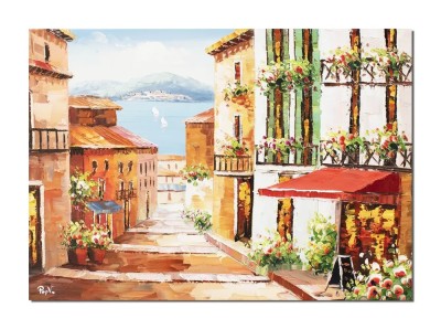 Tablou peisaj citadin mediteranean pictat manual, TIHNA, 70x50cm ulei pe panza, Magistral foto