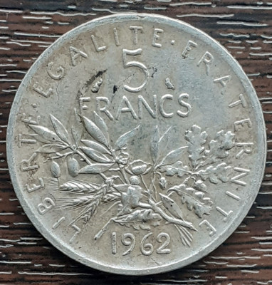 (A293) MONEDA DIN ARGINT FRANTA - 5 FRANCS 1962, SEMANATOAREA, 12 GRAME, AG 835 foto