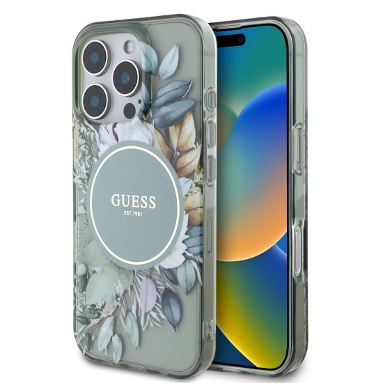 Husa pentru iPhone 16 Pro - Guess IML Flower &amp; Tonal Circle MagSafe (GUHMP16LHFWBDCEN) - Green