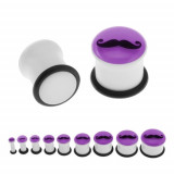 Plug alb pentru ureche, partea frontală violet, fosforescentă, mustaţă, cauciuc - Lățime: 14 mm