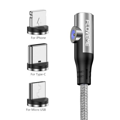 Cablu Incarcare USB - Lightning / USB Type-C / MicroUSB Floveme YXF212896, 1 m, 2.1A, Elbow Head, Argintiu foto