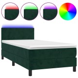 Cumpara ieftin Pat cu arcuri, saltea si LED, verde inchis, 100x200 cm, catifea
