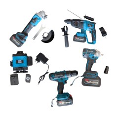 Trusă 5 unelte German Meister cu nivelă laser, 128V, 8Ah: rotopercutor, bormașină, pistol impact, flex