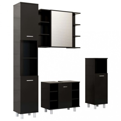 Set mobilier de baie, 4 piese, negru, lemn prelucrat foto