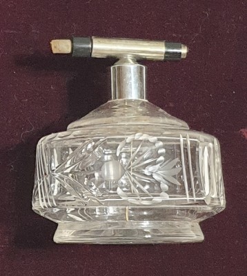 Flacon, recipient pentru parfum - sticla si metal, arta decorativa, anii 1940 foto