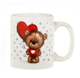 Cana Ceramica cu Imprimeu Ursulet cu Balon Rosu in forma de Inima, 6 x 7.3 cm, Alba, 125ml