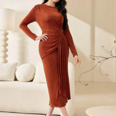 Rochie midi cu model si maneca lunga, maro, dama, Shein