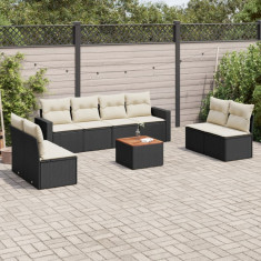 Set mobilier de gradina cu perne, 9 piese, negru, poliratan