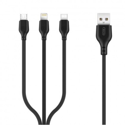 Cablu de date, XO-NB103, 3in1 (8-pin/micro/type-C) 2,1A, 1 m, Negru, Blister foto