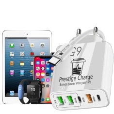 Incarcator Retea 5 Porturi, PRESTIGE CHARGE&reg;, cu Cablu USB-C la USB-C 60W Inclus, Fast Charge, total 65W, 3xUSB, 2xType-C, USB QC 3.0, PD 20W, PD 15W,
