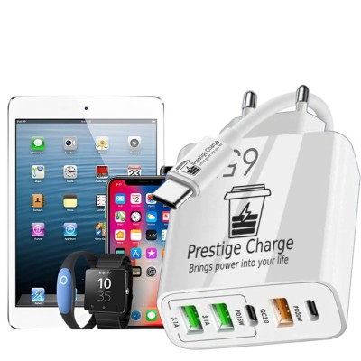 Incarcator Retea 5 Porturi, PRESTIGE CHARGE&amp;reg;, cu Cablu USB-C la USB-C 60W Inclus, Fast Charge, total 65W, 3xUSB, 2xType-C, USB QC 3.0, PD 20W, PD 15W, foto