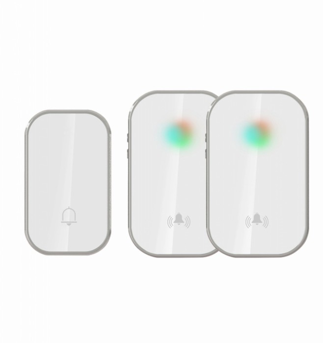 Sonerie fara fir si fara baterie 1 transmitator - comutator cinetic (1 buton) si 2 receptoare albe ( 2 sonerii) la priza , IP44