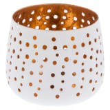 Suport tip pahar pentru lumanare,perforatii buline,metal,alb,7x7 cm