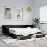 VidaXL Pat de zi cu extensie și sertare negru 90x200cm piele ecologică