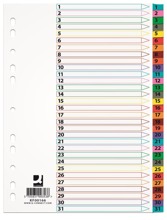 Index carton Q-Connect A4 numerotat 1-31 alb margine color 170g/mp