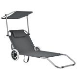 Sezlong Pliabil cu Parasolar si Roti [casa.pro] Gri Inchis, Spatar Reglabil, Buzunar Plasa, 146x52x15cm, Max 110kg