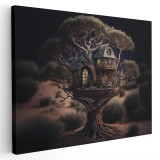 Tablou canvas casuta in copac fantezie, maro, negru 1115 Tablou canvas pe panza CU RAMA 60x80 cm