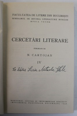 CERCETARI LITERARE PUBLICITATE DE N. CARTOJAN VOLUMUL IV , 1940 foto