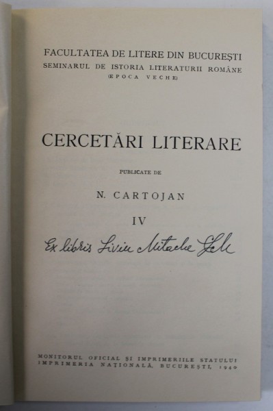 CERCETARI LITERARE PUBLICITATE DE N. CARTOJAN VOLUMUL IV , 1940
