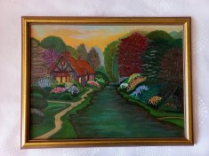 Casa de langa rau, tablou pictat manual in ulei pe , dimensiune panza 30/40 cm