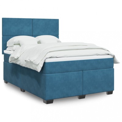 vidaXL Pat box spring cu saltea, albastru, 160x200 cm, catifea 3290952 foto