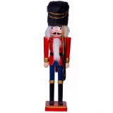 Decoratiune De Craciun Soldat Lemn, Uniforma Rosu Albastru, Caciula Blana Neagra, 38cm, Oem