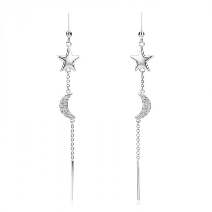Cercei suspendați din argint 925 &ndash; o stea, o semilună, zirconii transparente, o bară subțire, un lanț