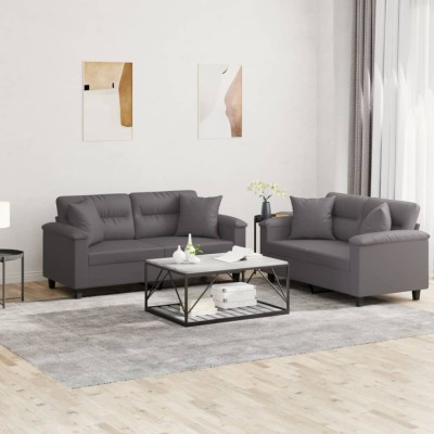 vidaXL Set de canapele cu perne, 2 piese, gri, piele ecologică foto