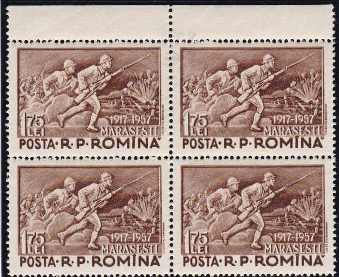 ROMANIA 1957 LP 436 - 40 DE ANI DE LA BATALIA DE LA MARASESTI BLOC 4 TIMBRE MNH