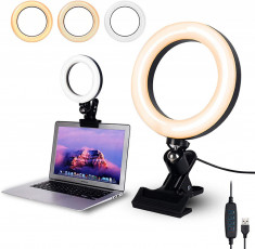 Lampa circulara profesionala pentru videoconferinte, Ring light 16 CM LED cu 3 moduri de iluminare ,10 nivele de intensitate si clema de prindere foto