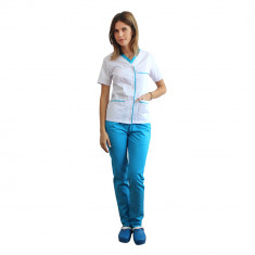 Costum medical format din bluza alb cu paspol turcoaz si pantaloni turcoaz cu elastic L INTL foto