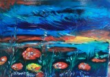 Pictură originală ulei pe p&acirc;nză &bdquo;Maci roșii sub cerul albastru de seară&rdquo; 60x42 cm. Certificat cu semnătura și ștampila artistului