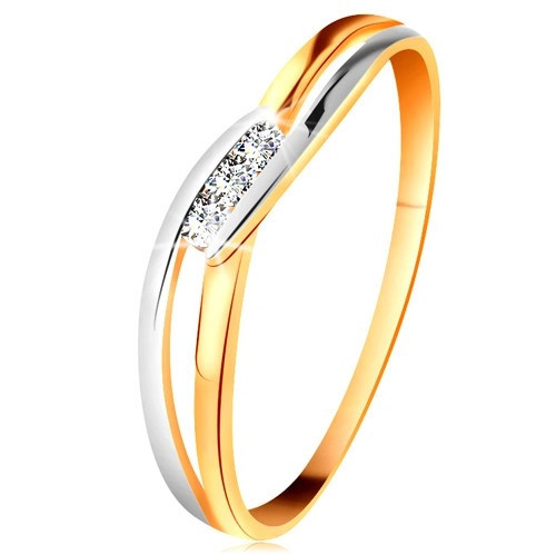 Inel din aur 14K, trei diamante transparente, brațe despicate și ondulate - Marime inel: 52