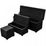 Cufăr din Piele Artificială Negru cu Scăunel Set 3 buc, vidaXL