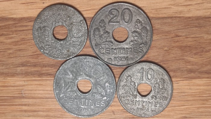 R08 Franta - set de colectie WWII - 10 + 20 centimes toate variantele 1941 - zinc