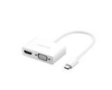 ADAPTOR video Ugreen, &quot;MM123&quot; USB Type-C (T) la HDMI (M) + VGA (M), rezolutie maxima HDMI: 4K si 2K la 30Hz si VGA 1920x1200 la 60Hz, 15cm, ABS, alb &quot;