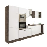 Mobilier de bucătărie Yorki 330, cu corp din stejar Yorki, fațadă albă cu finisaj satinat și dulap cu rafturi, fără blat de lucru