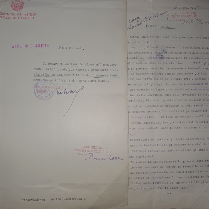 ACT CU ANTETUL MINISTERULUI DE RAZBOI SEMNAT DE GENERALUL DUMITRU GLODEANU 1916