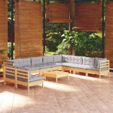 vidaXL Set mobilier de grădină cu perne, 11 piese, gri, lemn masiv pin 3096844