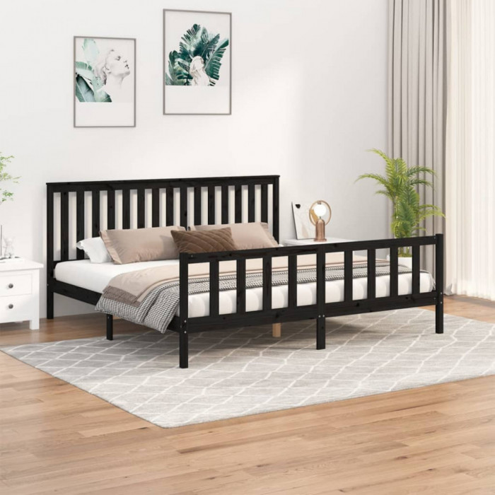 Cadru pat cu tablie 200x200 cm, negru, lemn masiv de pin GartenMobel Dekor