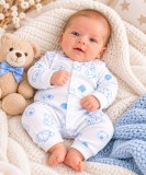 Cumpara ieftin Salopetă bebe albă cu ursuleți bleu, m&acirc;necă lungă, &icirc;nchidere cu capse, 0-3 luni