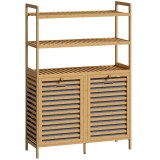 HOMCOM Dulap pentru Rufărie Dublu Rabatabil, Bambus, 2 Coșuri, 3 Rafturi, Culoare Stejar | Aosom Romania