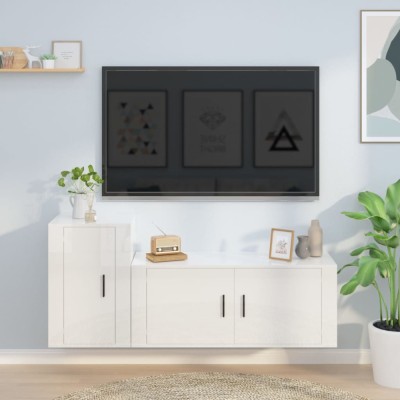 Set dulap TV, 2 piese, alb extralucios, lemn prelucrat foto