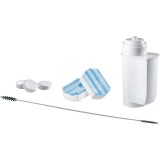 Set de intretinere ce include: 1 filtru apa Brita Intenza, 3 tablete pentru decalcifiere, 10 tablete pentru curatare si 1 perie speciala pentru curata, Bosch